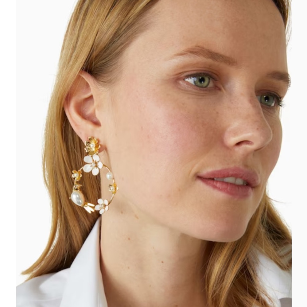 KATE SPADE • Spring Scene Flower Lovebirds Dove Hoop Earrings - Picture 2 of 5